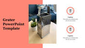 Grater slide featuring a metal box grater on a table beside a small plant, with two icons of a grater and caption areas.