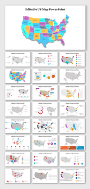 PowerPoint slides showcasing a map of the USA with regional color coding and infographics.