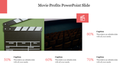 Movie-themed slide featuring a clapperboard image, a cinema interior, and profit percentages displayed around the layout.
