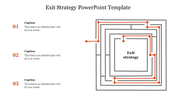 Maze like exit strategy diagram with red path lines and three numbered captions on the left.