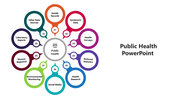 Public health wheel with labeled nodes, such as health surveys, national statistics, and environmental monitoring.