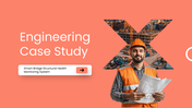 Engineering case study PowerPoint slide template for project overview, analysis, solutions, and results.