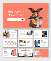 Engineering case study PowerPoint slide template for project overview, analysis, solutions, and results.