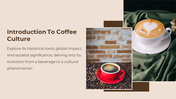 Coffee culture intro slide featuring red espresso cup on beans and white cup with heart foam art on green fabric.