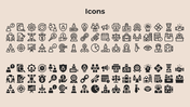 Assorted outline and filled icons in two rows showing business symbols like users, charts, puzzles, and lightbulbs.