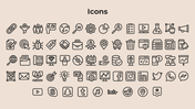Collection of assorted line icons including briefcases, analytics, SEO tags, lightbulbs, and social media app badges.