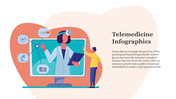 Telemedicine slide with child interacting with a doctor on monitor, medical icons floating left, and text section on right.