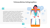Telemedicine slide showing doctor in lab coat on mobile screen next to quotation styled text block with medical icons.
