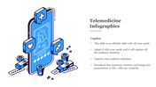 Blue and white isometric phone showing a doctor, surrounded by heart, pill, and capsule icons under infographic text.