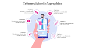 Telemedicine layout with illustrated doctor on phone, circular medical icons like syringe and heart, and text areas.