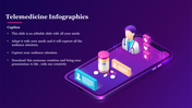 3D telemedicine scene showing doctor, pill bottle, and health icons emerging from a smartphone on a vibrant purple backdrop.