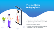 Telemedicine concept showing a virtual consultation between a doctor on a phone screen and a patient on a wavy white floor.
