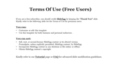 Terms of use slide with bold title, two bulleted sections for permissions and restrictions, and a note for free users.