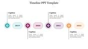 Clean and colorful timeline template showing the years 2019 to 2022 in a circular design with captions.
