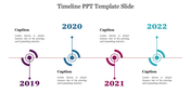 Timeline PowerPoint template with colored circles and years 2019, 2020, and 2022, accompanied by captions.