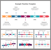 Five-stage timeline with arrows and icons, representing phases from finance, to management process for different years.