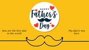 Father’s Day greeting card with a mustache graphic, heart icons, and text in a circular design on a yellow background.