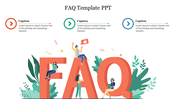 Colorful FAQ slide with characters interacting around giant letters, accompanied by captions at the top.
