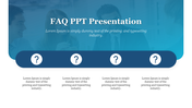 FAQ slide with header text, a semi-transparent business meeting background, and four aligned question icons above text boxes.