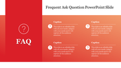 Red and orange FAQ layout featuring a vertical FAQ label and four editable text sections with question icons.