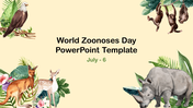 World Zoonoses day slide with animal illustrations, including an eagle, kangaroo, rhino, and monkeys, on a beige background.
