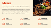 Beige restaurant menu slide with six red food icons labeled soups and rice etc, with a meal photo on the right.
