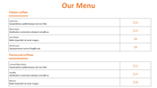 Slide showing a coffee price list in table format, separated into classic and flavored options with brief descriptions.