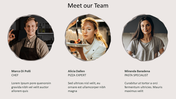 PowerPoint slide introducing a team with circular portraits and job titles for a chef, pizza expert, and pasta specialist.