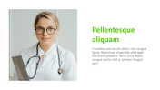 Doctor PowerPoint slide featuring a female doctor with a stethoscope and a clipboard on a white backdrop.