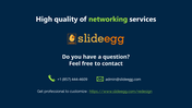 Contact slide with a dark blue theme, green highlights, an orange logo in the center, and a website link at the bottom.