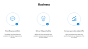 Clean white slide showing three circular icons and text explaining a business problem solving service in three steps.