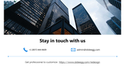 Modern business contact page slide with cityscape image, communication icons, and customization link.