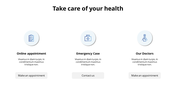 Health care slide with icons for online appointments, emergency cases, and doctor consultations under the heading with icons.