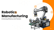 Advanced robotics manufacturing PPT template showcasing automation, efficiency, industrial robots, and future trends.