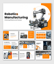 Advanced robotics manufacturing PPT template showcasing automation, efficiency, industrial robots, and future trends.