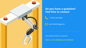Robotics themed contact information slide with phone number, email, and a robotic arm icon on a yellow and blue backdrop.