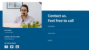 Professional contact us financial marketing slide featuring a customer service representative and details on a blue backdrop.