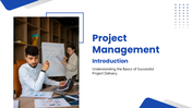 Project Management Introduction PowerPoint blue theme with shapes, icons, and lifecycle diagram for project basics.
