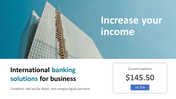 A modern layout featuring a tall glass building on a blue sky background, with bold white text and financial details below.