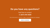 Inquiry slide on an orange background with contact details, hyperlink to SlideEgg, and a white rectangular button.