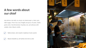 Split layout with left white text section and a chef in a blue cap cooking in a dimly lit kitchen with steam on the right.