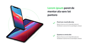 GSM slide displaying overlapping smartphone and tablet graphics, with placeholder text and two green check marks.