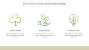 Three green icons representing a tree, a hand with leaves, and a leaf inside a lightbulb, with text below each.