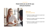 Business presentation slide showing a woman in glasses smiling and discussing with a colleague, alongside an offer section.