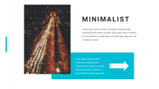 Minimalist slide with a teal rectangular box featuring an arrow, and a night cityscape photo on the left.