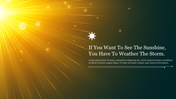 Slide with a bright, glowing sunburst on the left and an inspirational quote on the right.