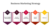 Marketing strategy slide with five vertical banners in red, orange, and yellow hues, each with a diamond shaped icon.