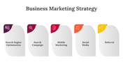 Slide with five gradient gray boxes representing marketing strategies, each with a colored tab and icon at the top.