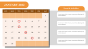 January 2022 calendar layout with brown and orange headers, red circled dates, and a gray sidebar listing events.