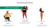 Three illustrated figures depicting a director, camera staff, and scriptwriter with a green selection banner.